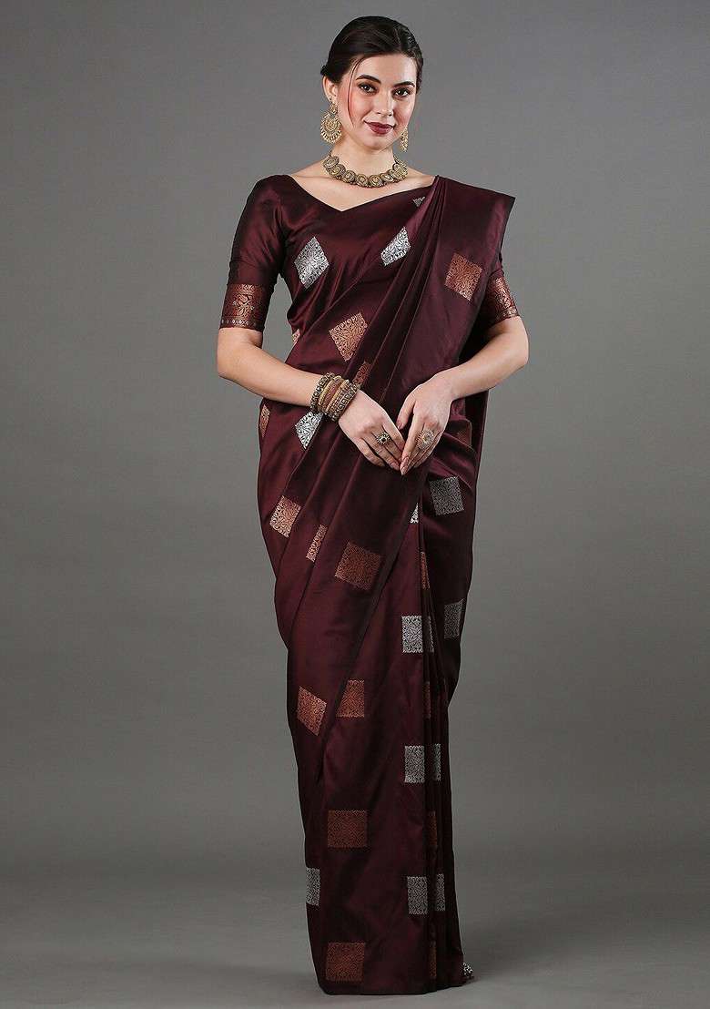 Coffee Brown Embroidered Blended Saree Set - Indya