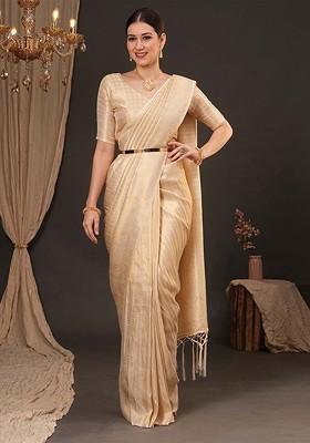 Cream Embroidered Blended Saree Set