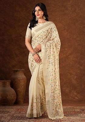 Beige Embroidered Blended Saree Set