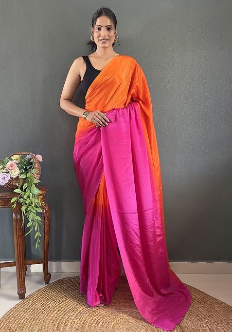 Orange Embroidered Blended Saree Set