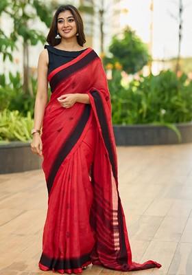 Red Embroidered Blended Saree Set