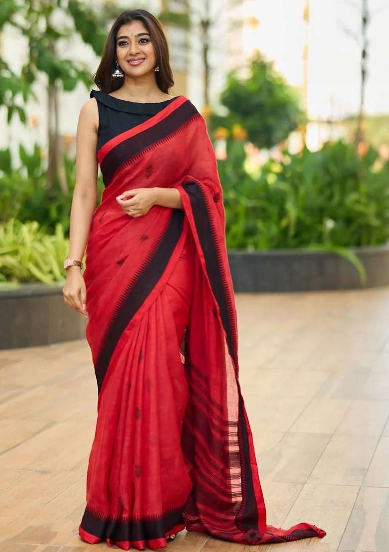 Red Blended Saree Set with Embroidered for Diwali | Wedding & Festive Wear - Indya