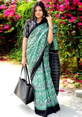 Sea Green Printed Blended Saree Set