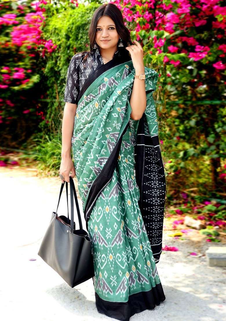 Sea Green Printed Blended Saree Set for Diwali and Festive Wear - Indya