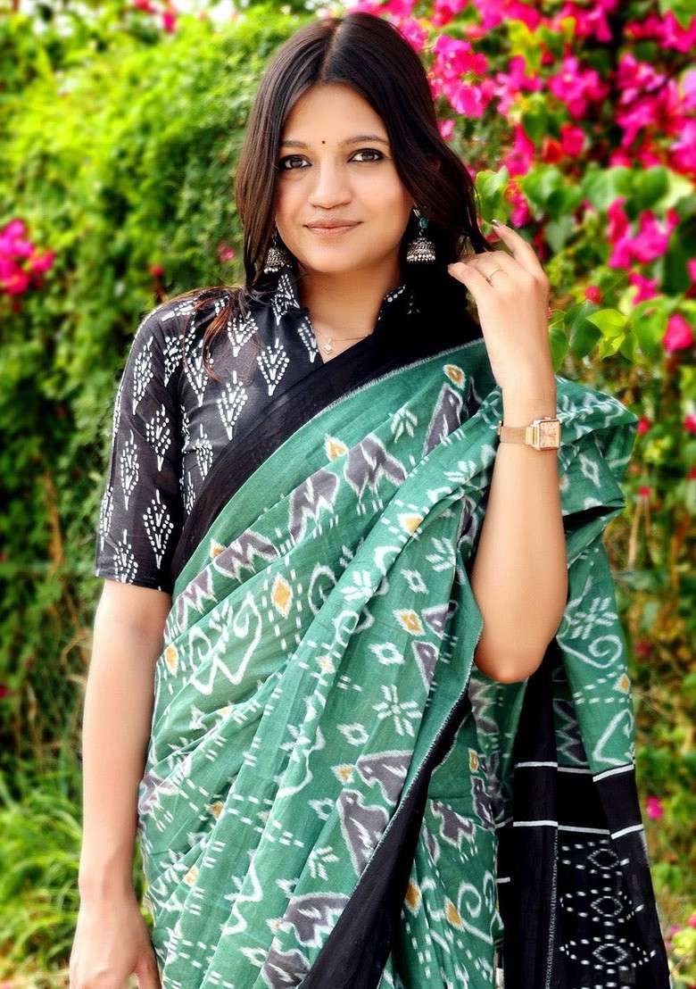 Sea Green Printed Blended Saree Set for Diwali and Festive Wear - Indya