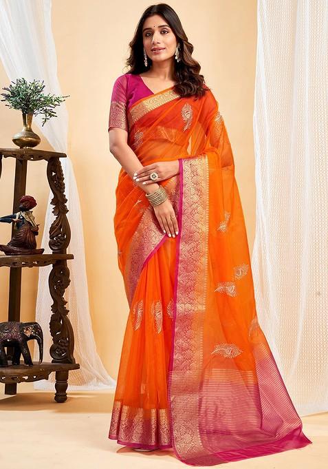 Orange Embroidered Blended Saree Set