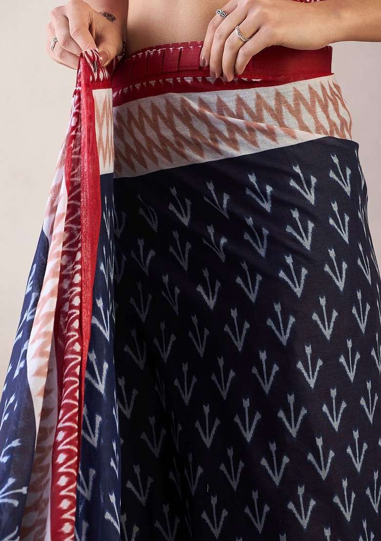 Navy Blue Embroidered Blended Saree Set for Diwali and Festive Wear - Indya