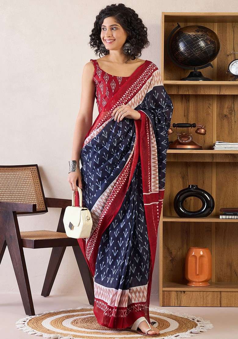 Navy Blue Embroidered Blended Saree Set for Diwali and Festive Wear - Indya