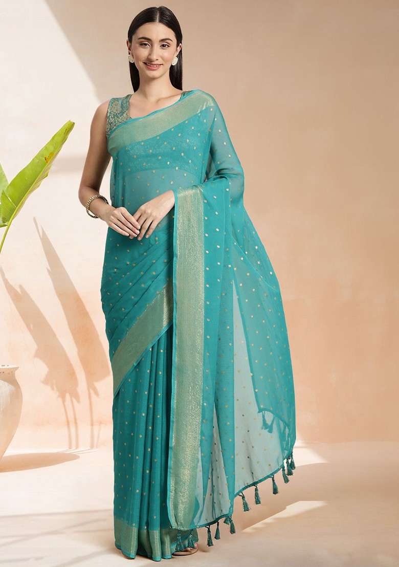 Turquoise Blue Embroidered Blended Saree Set - Indya