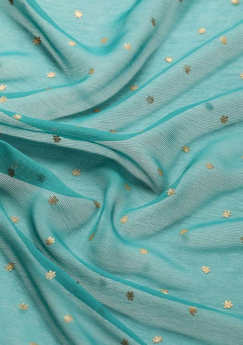 Turquoise Blue Embroidered Blended Saree Set - Indya