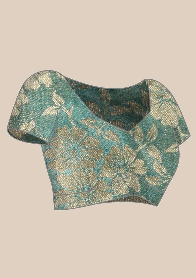 Turquoise Blue Embroidered Blended Saree Set - Indya