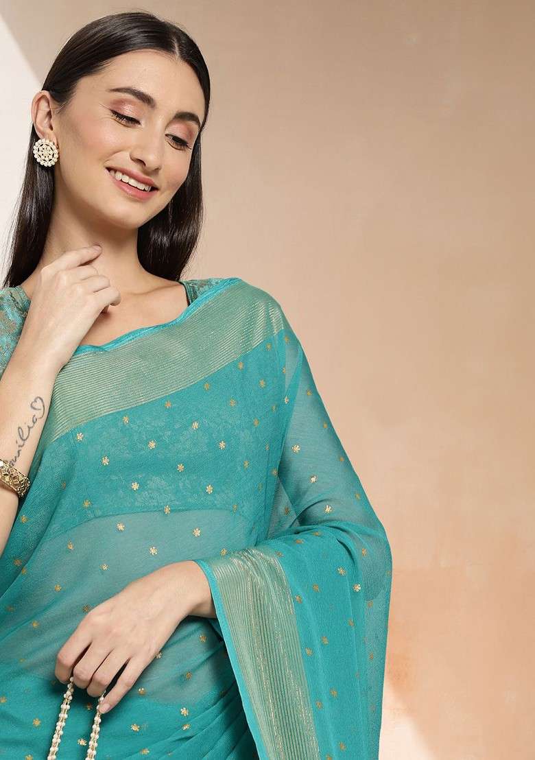 Turquoise Blue Embroidered Blended Saree Set - Indya