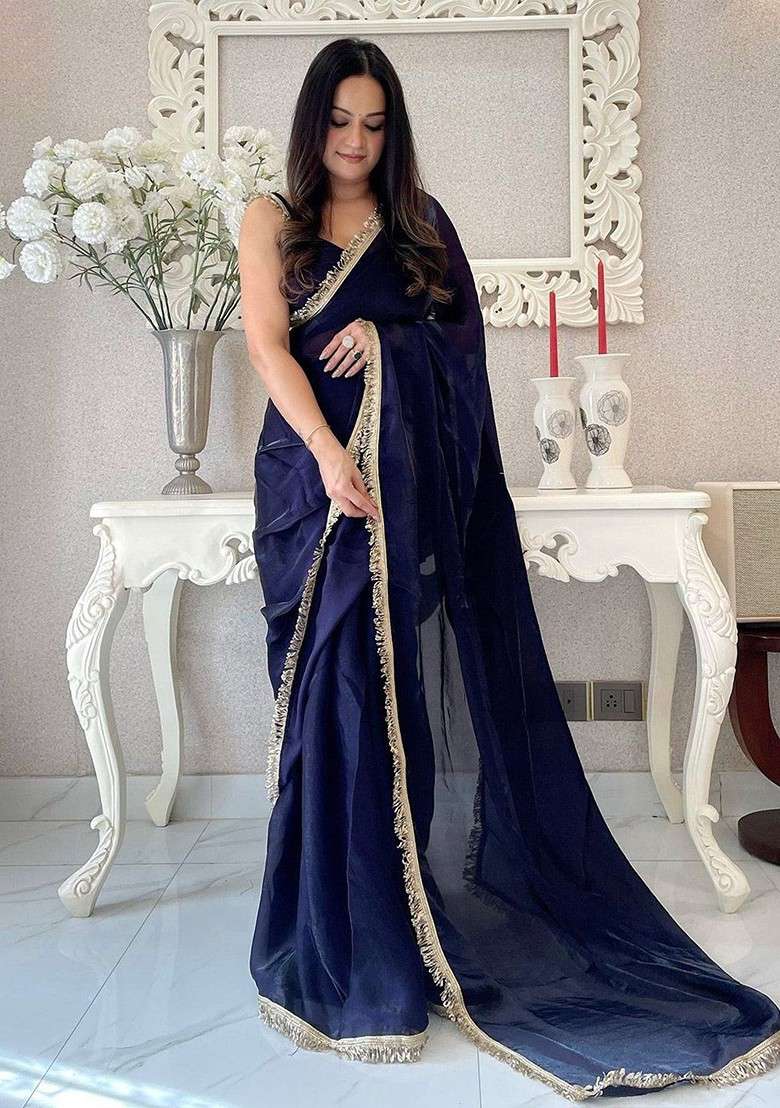 Purple Embellished Blended Saree Set for Diwali | Wedding & Festive Wear - Indya