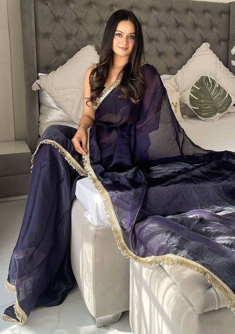 Purple Embellished Blended Saree Set for Diwali | Wedding & Festive Wear - Indya