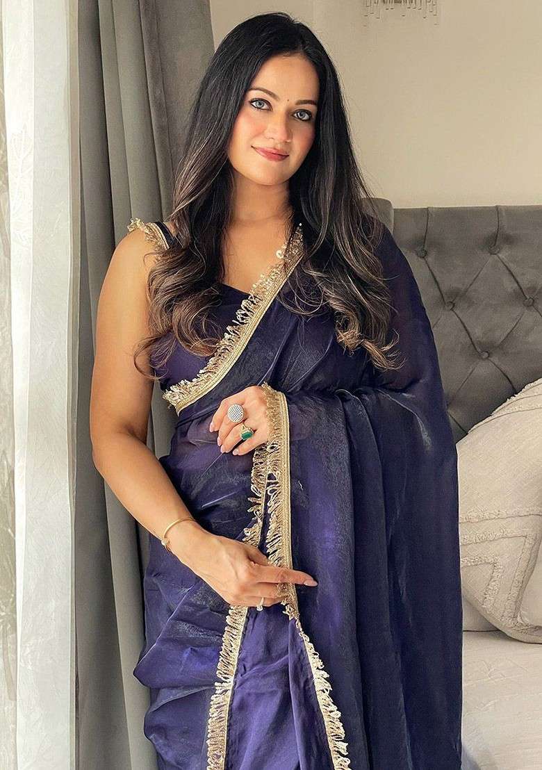 Purple Embellished Blended Saree Set for Diwali | Wedding & Festive Wear - Indya
