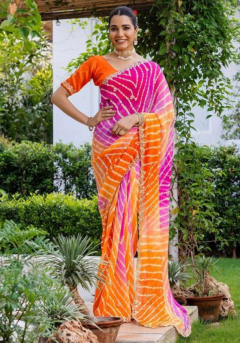 Pink Printed Blended Saree Set