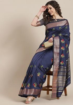 Navy Blue Printed Blended Saree Set