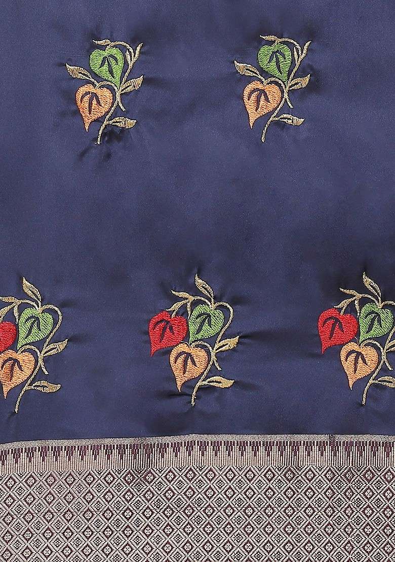 Navy Blue Printed Blended Saree Set for Diwali and Festive Wear - Indya