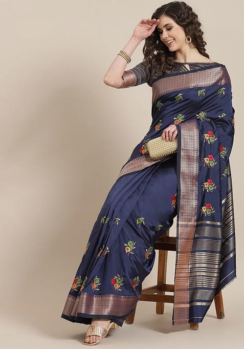 Navy Blue Printed Blended Saree Set