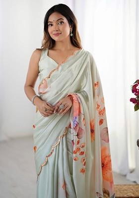 Sea Green Printed Blended Saree Set