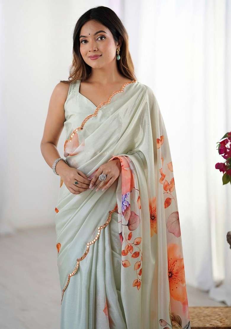 Sea Green Printed Blended Saree Set for Diwali and Festive Wear - Indya