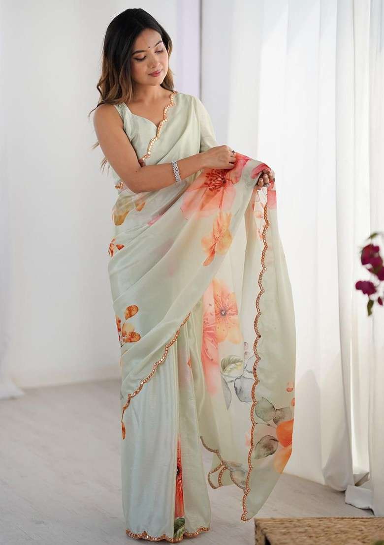 Sea Green Printed Blended Saree Set for Diwali and Festive Wear - Indya