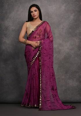 Purple Embroidered Blended Saree Set