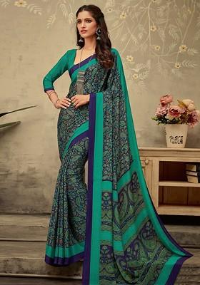 Navy Blue Bagru Printed Blended Saree Set