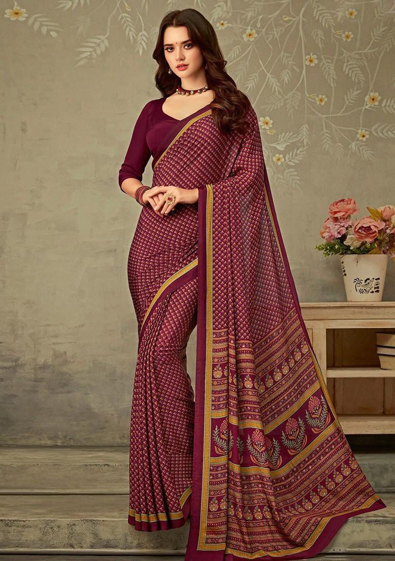 Magenta Bagru Printed Blended Saree Set