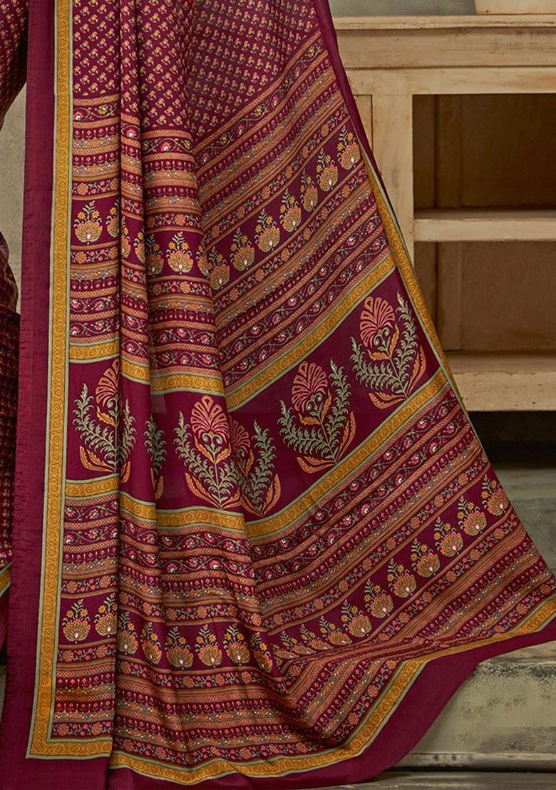 Magenta Bagru Printed Blended Saree Set