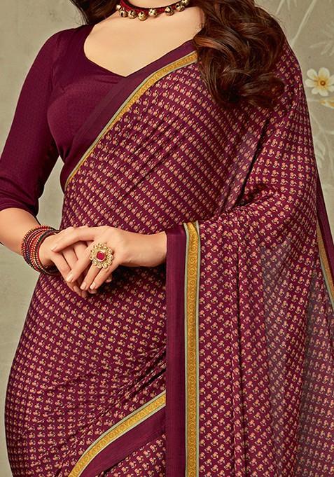 Magenta Bagru Printed Blended Saree Set