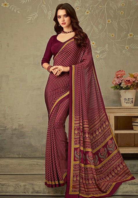Magenta Bagru Printed Blended Saree Set