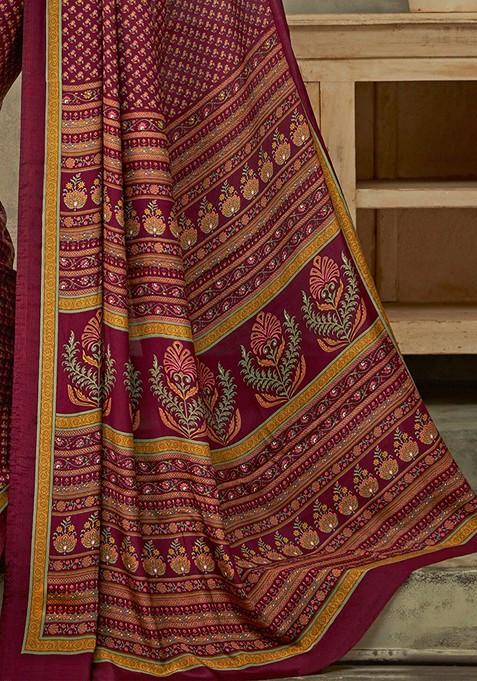 Magenta Bagru Printed Blended Saree Set
