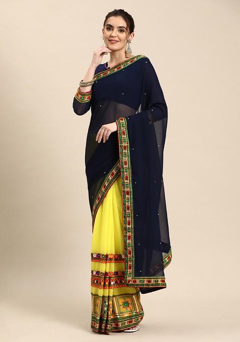 Navy Blue Embroidered Blended Saree Set