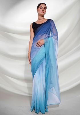 Blue Printed Blended Saree Set