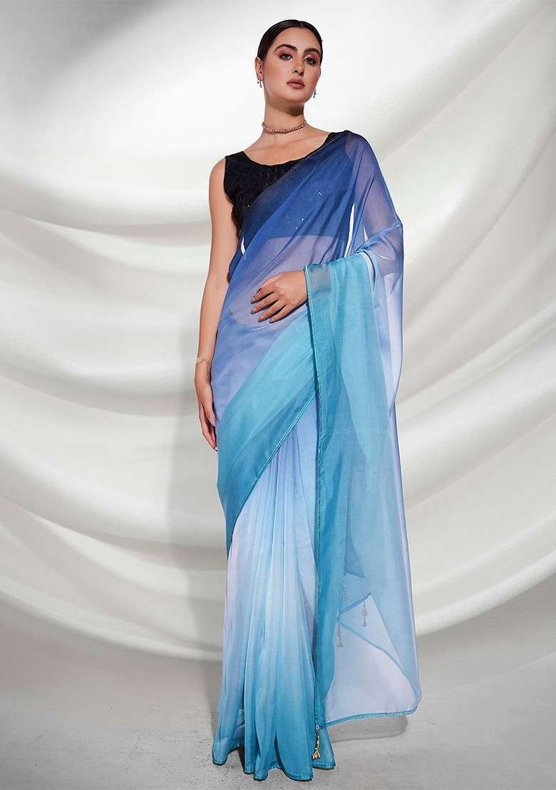 Blue Printed Blended Saree Set - Indya