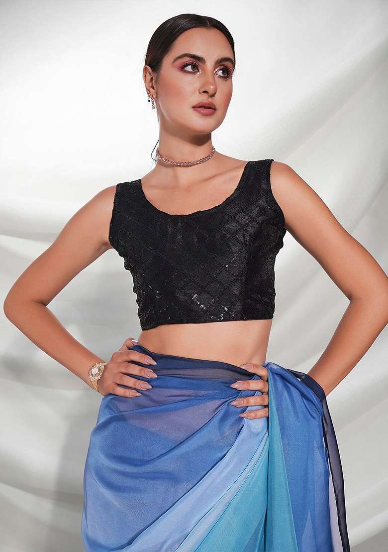Blue Printed Blended Saree Set - Indya