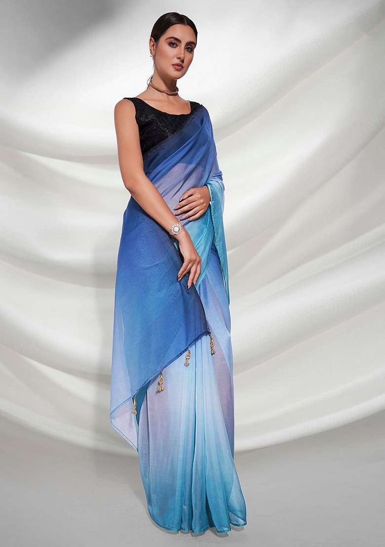 Blue Printed Blended Saree Set - Indya