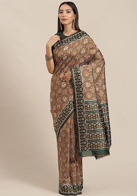Coffee Brown Embroidered Blended Saree Set