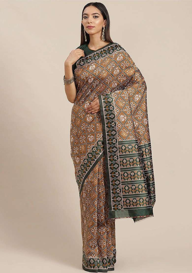 Coffee Brown Embroidered Blended Saree Set - Indya