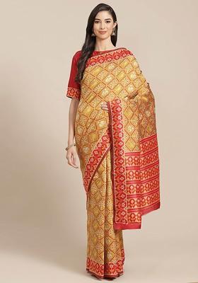 Mustard Embroidered Blended Saree Set