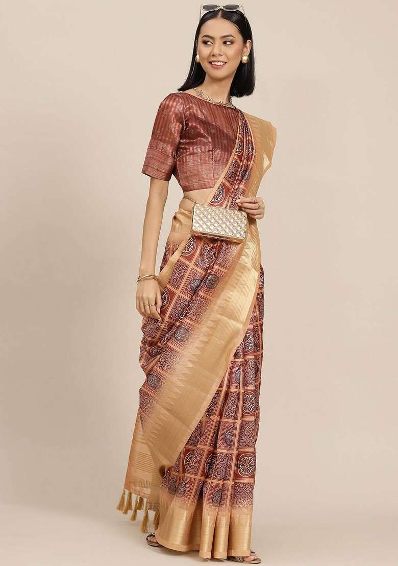 Camel Brown Blended Saree Set with Printed for Diwali | Wedding & Festive Wear - Indya