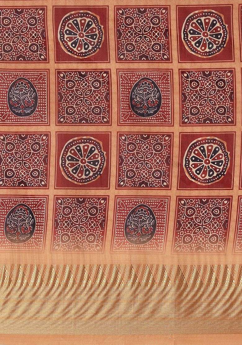 Camel Brown Blended Saree Set with Printed for Diwali | Wedding & Festive Wear - Indya