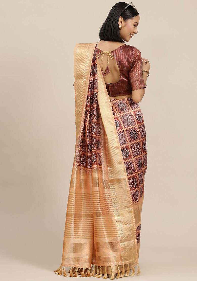Camel Brown Blended Saree Set with Printed for Diwali | Wedding & Festive Wear - Indya