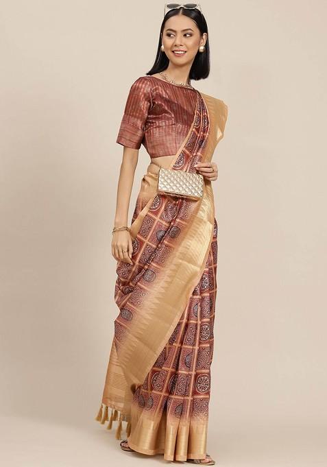 Camel Brown Printed Blended Saree Set