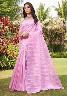 Purple Embroidered Blended Saree Set