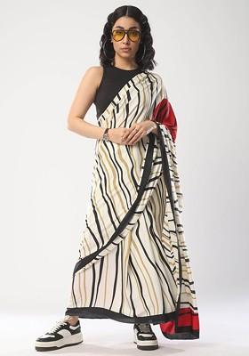Off White Embroidered Blended Saree Set