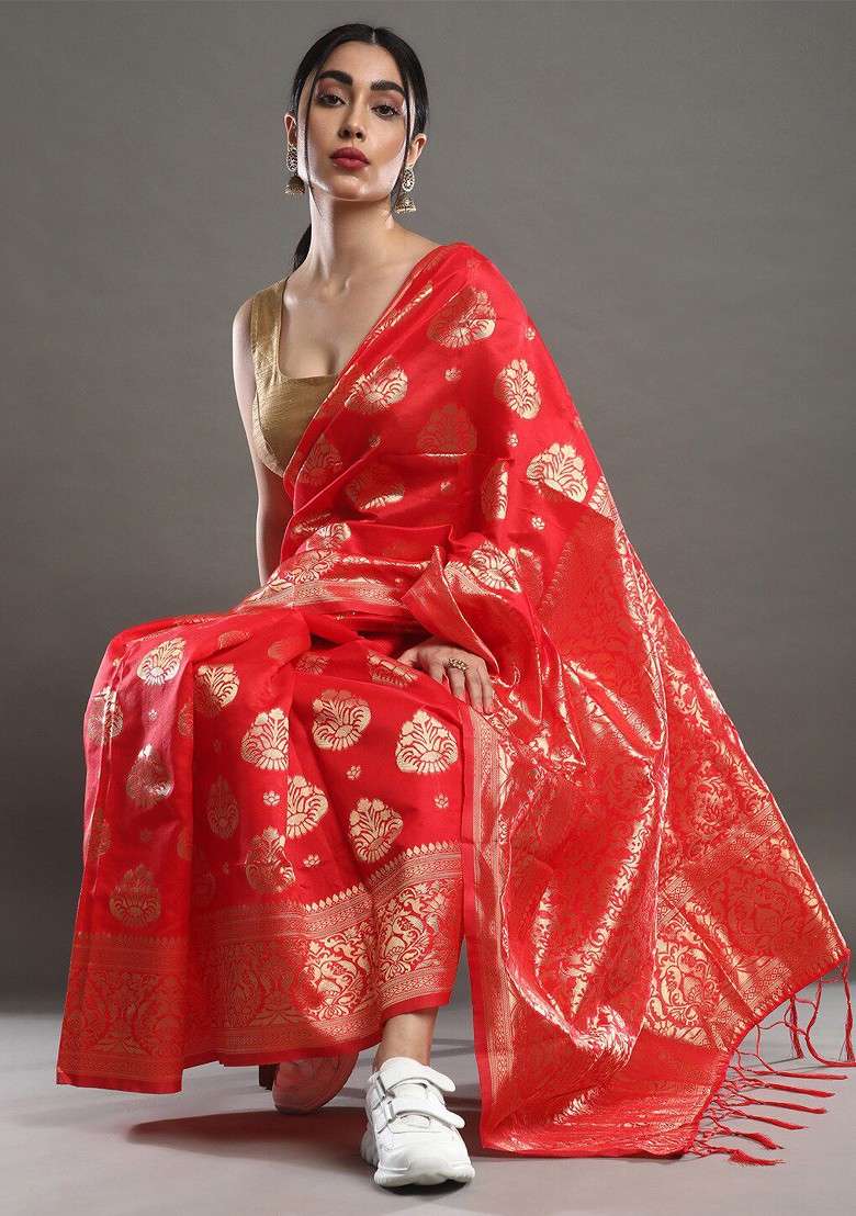 Red Embroidered Blended Saree Set - Indya