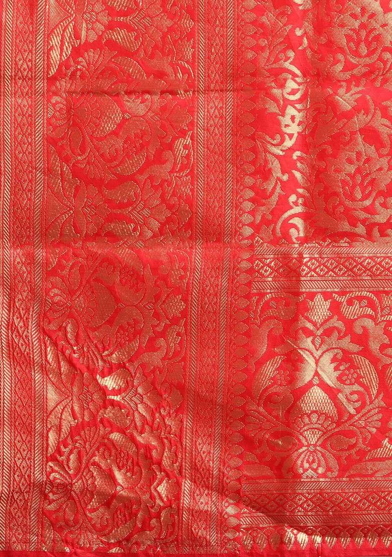 Red Embroidered Blended Saree Set - Indya