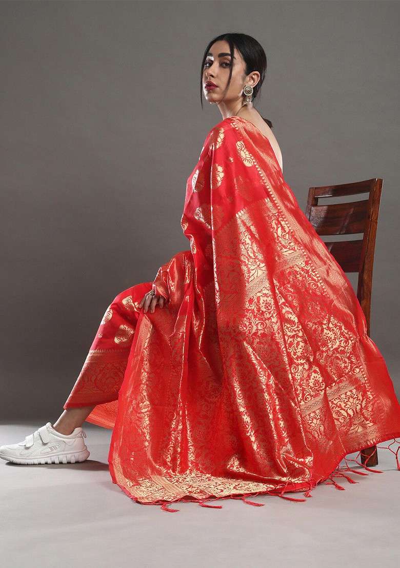 Red Embroidered Blended Saree Set - Indya